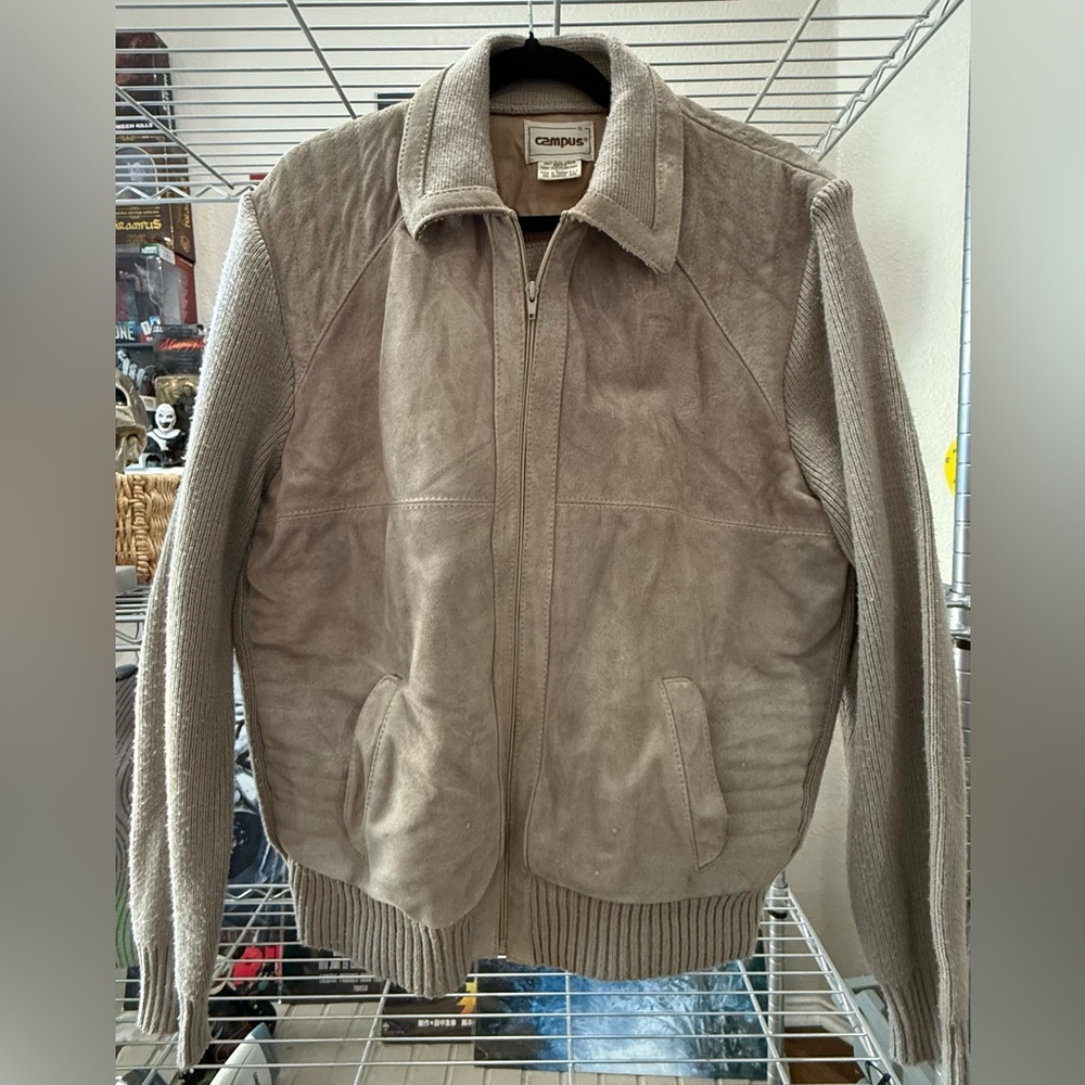 Vintage Campus brand suede leather jacket- knitted sleeves, back & waistband XL